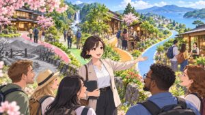 多様な来訪者と地域の魅力で観光を分散させる成人女性戦略担当者のアニメ風イラスト