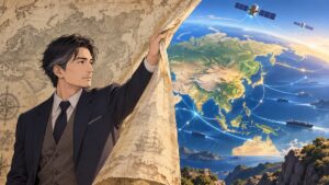 古い国際情勢の見方から現在の安全保障環境へ視点を移す成人男性研究者のアニメ風イラスト