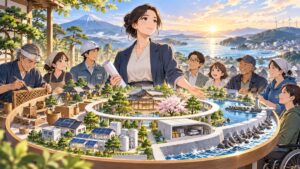 日本独自の技術と地域力でしなやかな強さを再構築する成人女性企画者のアニメ風イラスト