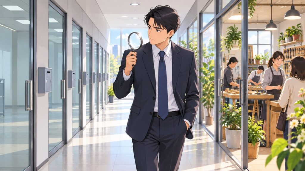 空の事業所と実体ある事業を比較調査する成人男性審査官のアニメ風イラスト