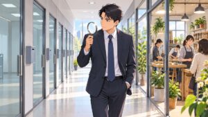 空の事業所と実体ある事業を比較調査する成人男性審査官のアニメ風イラスト