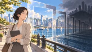 開かれた港湾都市の自由と狭まる自治を見つめる成人女性研究者のアニメ風イラスト