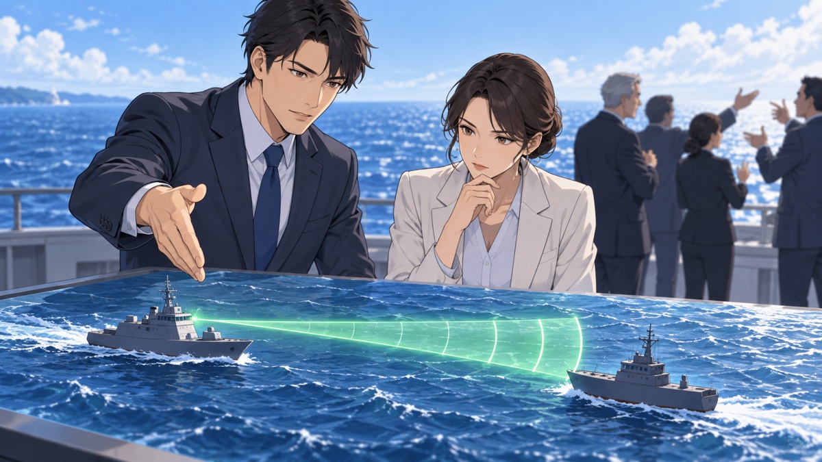 レーダー照射の証拠と国内議論を検証する成人男女のアニメ風イラスト