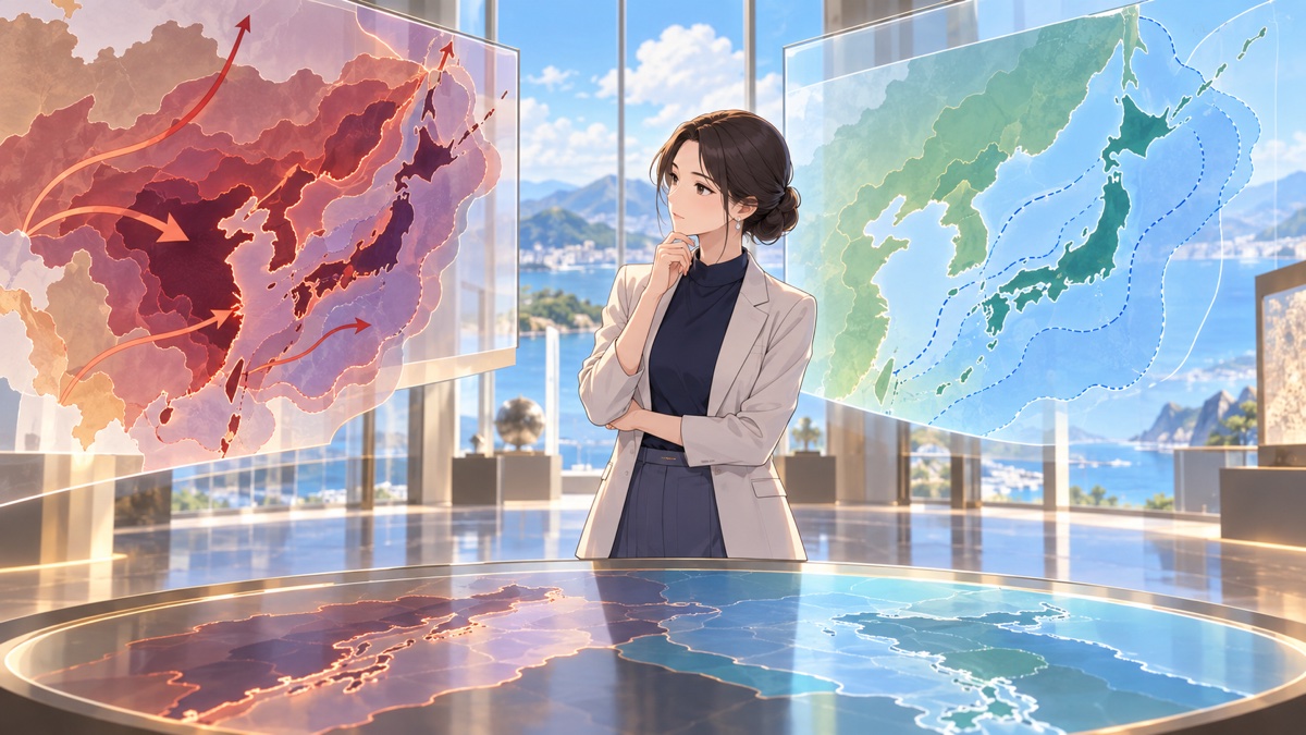 歴史の経緯と現代の安全保障を比較する成人女性歴史研究者のアニメ風イラスト
