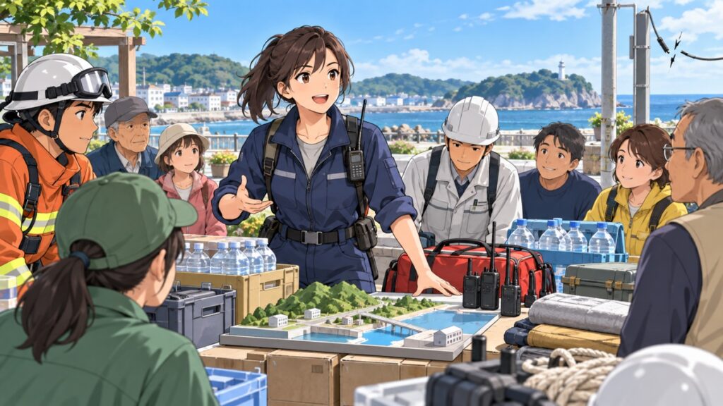 機能しない防衛ホットラインに代わり市民の備えを整える成人女性調整官のアニメ風イラスト