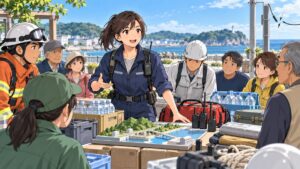 機能しない防衛ホットラインに代わり市民の備えを整える成人女性調整官のアニメ風イラスト