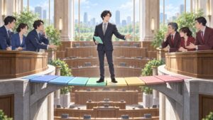 政策協力と政党の独立性の距離を保つ成人男性交渉役のアニメ風イラスト