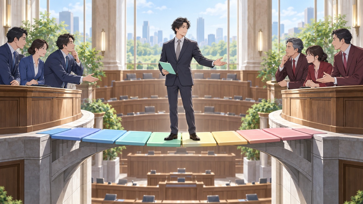 政策協力と政党の独立性の距離を保つ成人男性交渉役のアニメ風イラスト