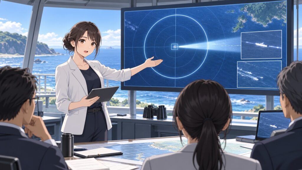 危険なレーダー照射の証拠を公開する成人女性安全調査官のアニメ風イラスト