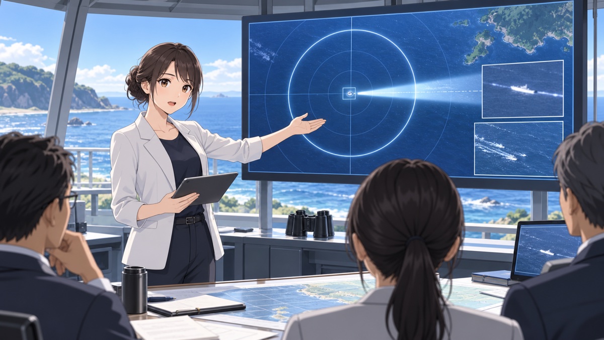 危険なレーダー照射の証拠を公開する成人女性安全調査官のアニメ風イラスト