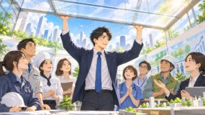 働く人のため年収の壁を引き上げる成人男性労働経済学者のアニメ風イラスト