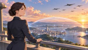 長距離爆撃機の威嚇に備える防衛抑止を考える成人女性分析官のアニメ風イラスト