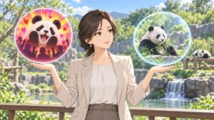 パンダ返還をめぐる報道を冷静に見つめる成人女性メディア分析者のアニメ風イラスト