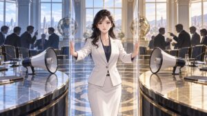 外交における二重基準を問い公平なルールを求める成人女性外交官のアニメ風イラスト