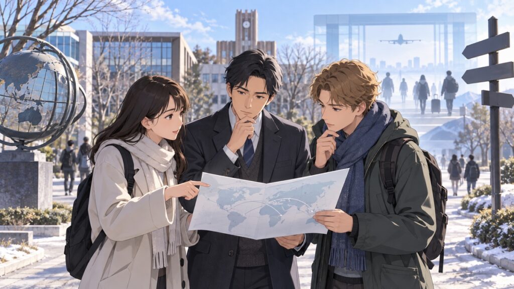 留学生交流と制度見直しを検討する成人男性大学担当者のアニメ風イラスト