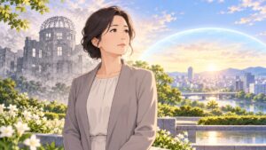 戦争の記憶と現代の抑止を考える成人女性歴史研究者のアニメ風イラスト