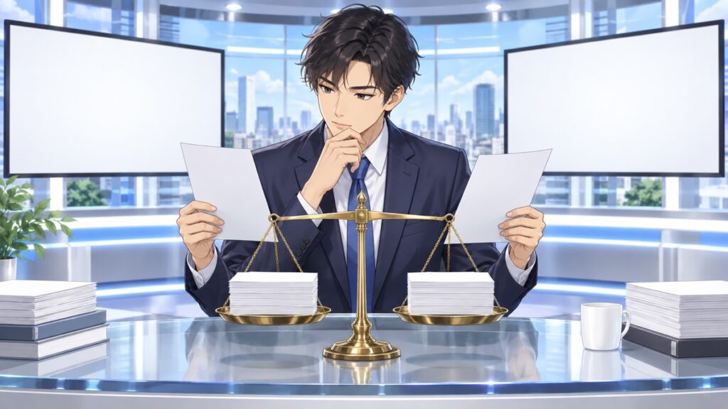 安全保障報道の公平性を比較検証する成人男性編集者のアニメ風イラスト