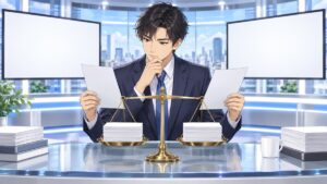 安全保障報道の公平性を比較検証する成人男性編集者のアニメ風イラスト