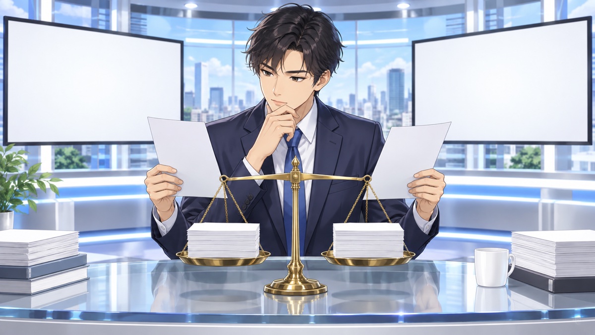 安全保障報道の公平性を比較検証する成人男性編集者のアニメ風イラスト
