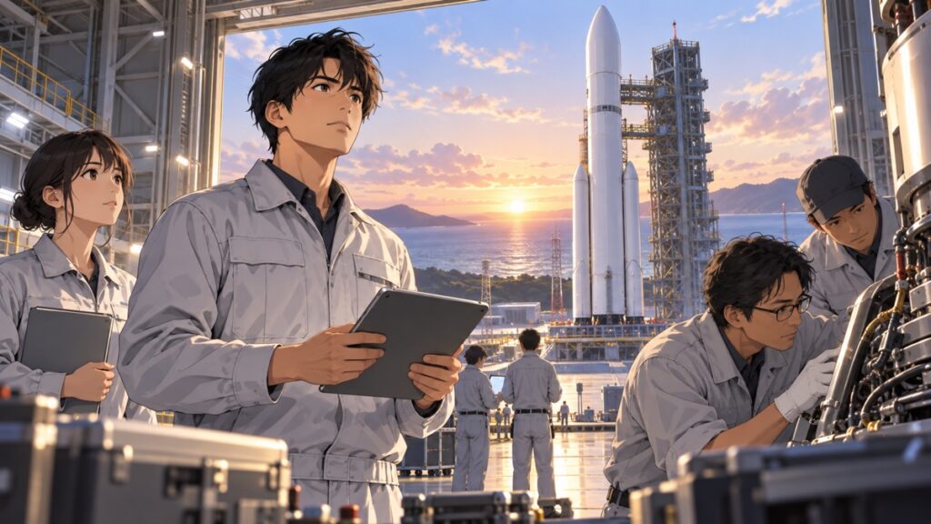 ロケット失敗からの再起を目指す成人男性宇宙技術者のアニメ風イラスト