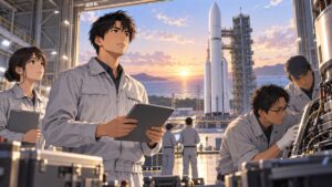 ロケット失敗からの再起を目指す成人男性宇宙技術者のアニメ風イラスト