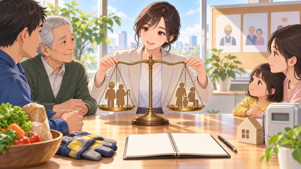 生活支援の公平性と説明責任を考える成人女性政策担当者のアニメ風イラスト