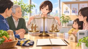 生活支援の公平性と説明責任を考える成人女性政策担当者のアニメ風イラスト