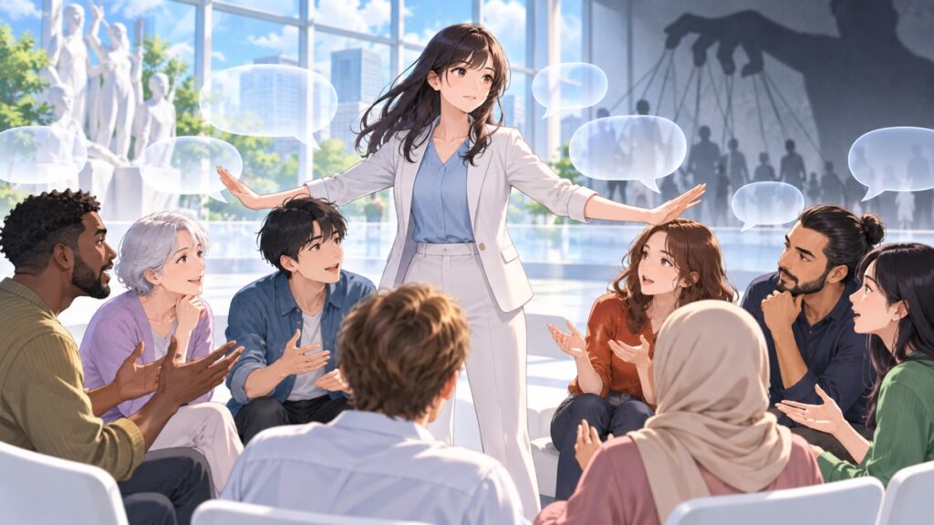 世論操作に抗し開かれた議論を守る成人女性司会者のアニメ風イラスト