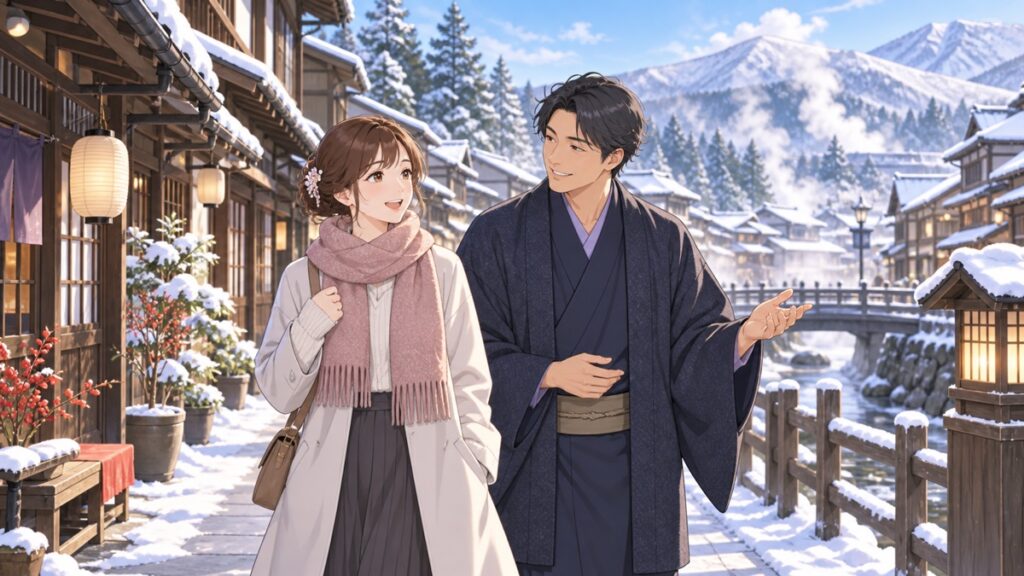 静かな冬の観光地で国内旅行を楽しむ成人男女のアニメ風イラスト