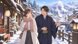 静かな冬の観光地で国内旅行を楽しむ成人男女のアニメ風イラスト
