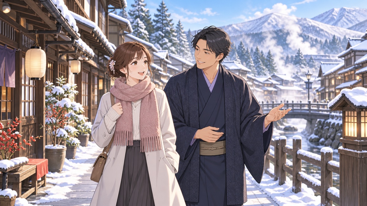 静かな冬の観光地で国内旅行を楽しむ成人男女のアニメ風イラスト