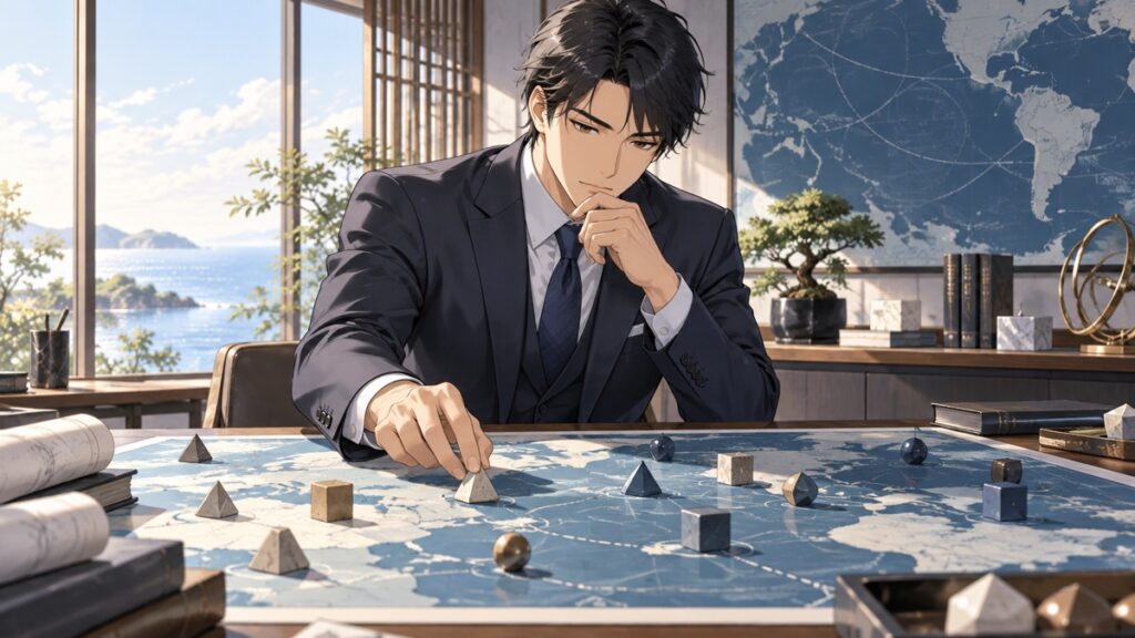 怒りではなく冷静な計算で外交戦略を考える成人男性外交官のアニメ風イラスト