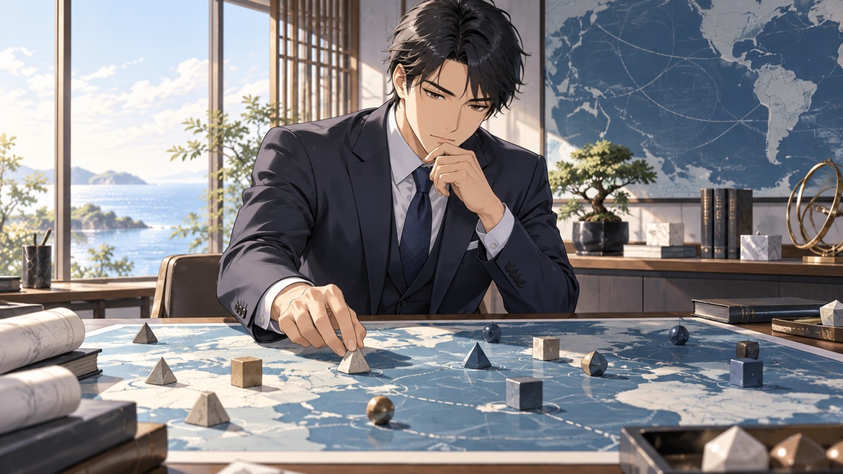 怒りではなく冷静な計算で外交戦略を考える成人男性外交官のアニメ風イラスト