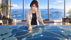 日米同盟と日本の戦略的自立を考える成人女性安全保障分析官のアニメ風イラスト