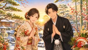 新春の庭園で感謝と良縁を願う成人男女のアニメ風イラスト