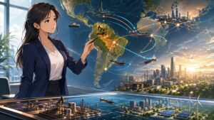 ベネズエラの石油と国際関係を分析する成人女性エネルギー専門家のアニメ風イラスト