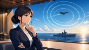 レーダー照射問題と外交発信を検討する成人女性安全保障専門家のアニメ風イラスト