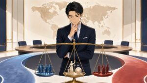 国際法と同盟関係の現実を比較する成人男性外交官のアニメ風イラスト