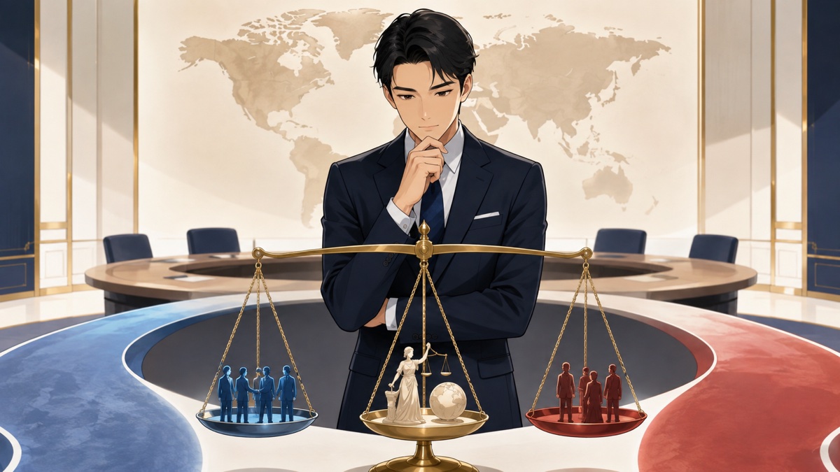国際法と同盟関係の現実を比較する成人男性外交官のアニメ風イラスト