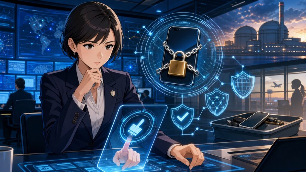 海外での業務用端末紛失と情報管理を検証する成人女性サイバーセキュリティ担当者のアニメ風イラスト