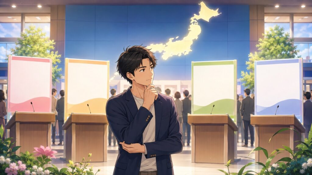 複数政党の具体的政策を比較する成人男性有権者のアニメ風イラスト