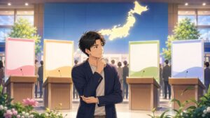複数政党の具体的政策を比較する成人男性有権者のアニメ風イラスト