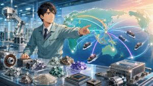 レアアース供給網の多角化を進める成人男性技術者のアニメ風イラスト