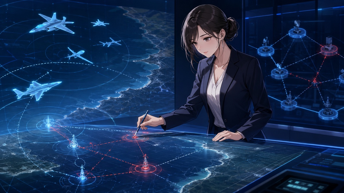 防空網と技術依存のリスクを分析する成人女性防衛アナリストのアニメ風イラスト