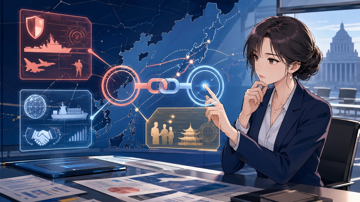 選挙協力の安全保障と対中政策を分析する成人女性外交専門家のアニメ風イラスト