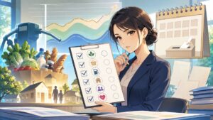 政権の具体的な成果を点検する成人女性政策監査者のアニメ風イラスト