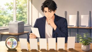 政党名ではなく候補者と政策を比較する成人男性有権者のアニメ風イラスト