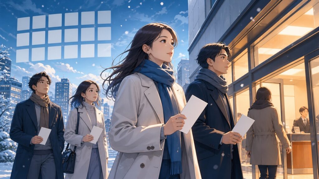 冬の選挙で自分の問題として投票へ向かう若い成人男女のアニメ風イラスト
