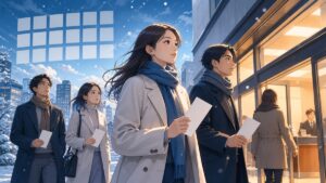 冬の選挙で自分の問題として投票へ向かう若い成人男女のアニメ風イラスト