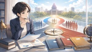 二つの政党の合流と中道路線の整合性を考える成人女性研究者のアニメ風イラスト